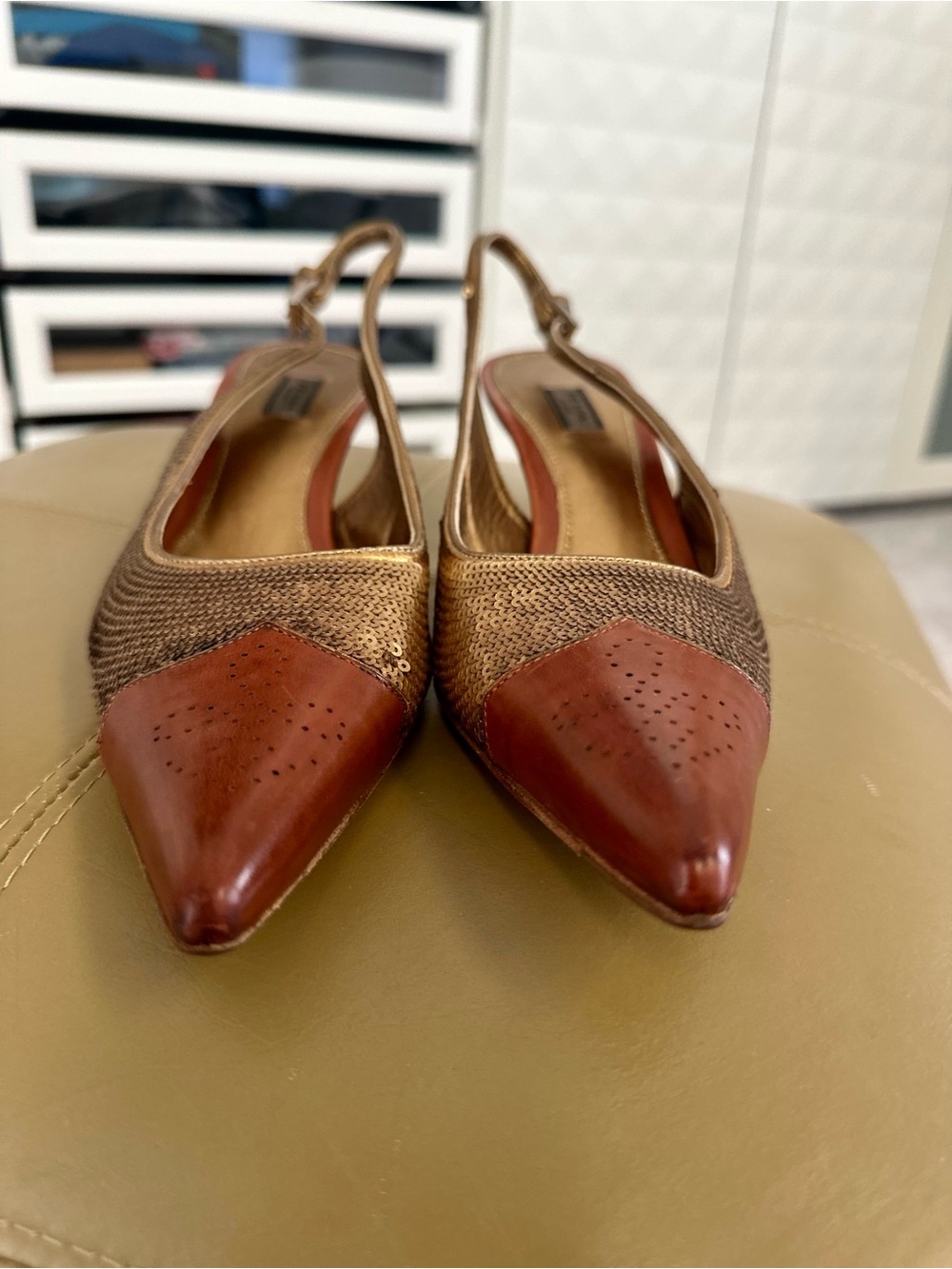 Prada Vintage Pointed Slingback Heels brown leather and sequins. Size 39.5 - Picture 3 of 10